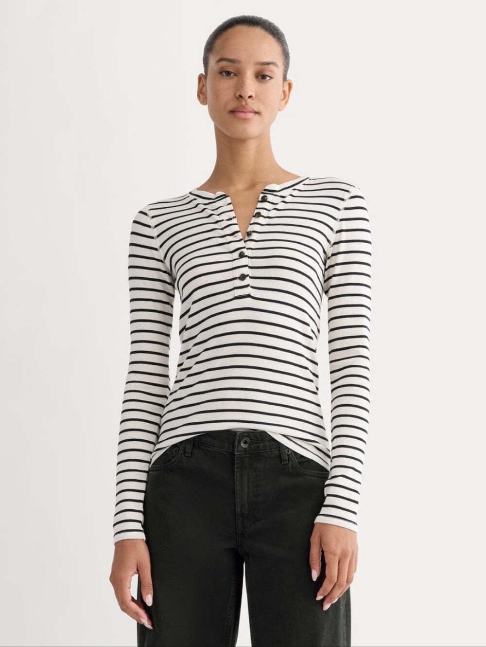 Everlane The Luxe Rib Henley Shirt In Bone/Black Stripes